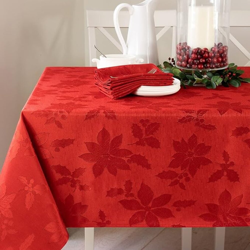 Benson Mills Poinsettia Legacy Damask Tablecloth Red Christmas Jacquard 60 x 102